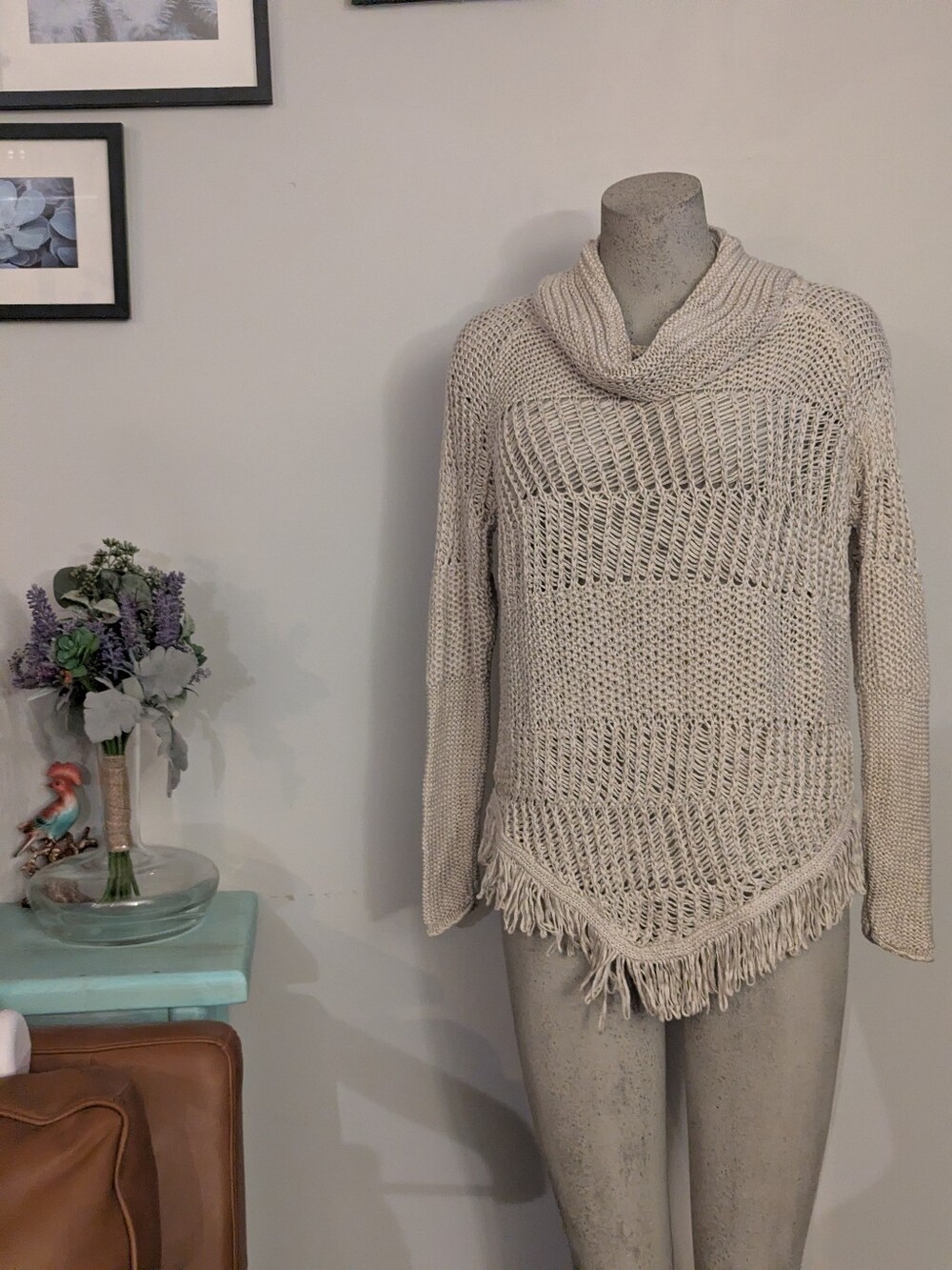 Esprit 90s Women’s Cream Open-Knit Cowl Neck Fringe Sweater Size Small Fits M